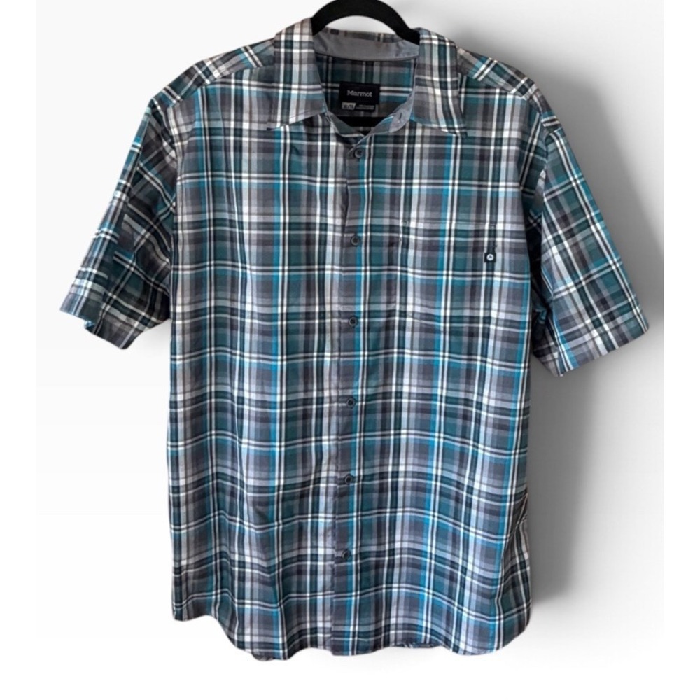 Marmot Blue Plaid Short Sleeve Outdoor Hiking Shirt Mens XL